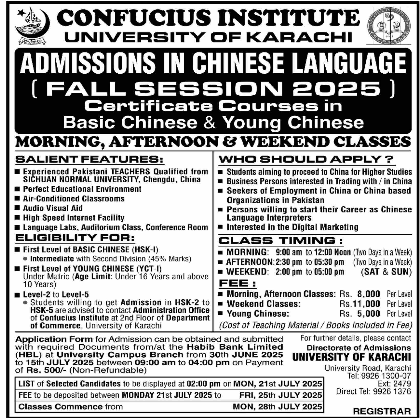 Admission Open in Confucius Institute University of Karachi